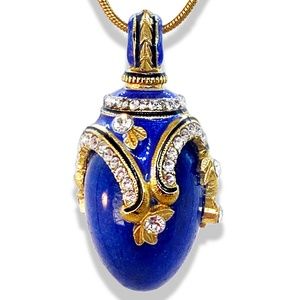 BLUE LAPIS STERLING Silver Necklace Faberge Egg Pendant Swarovski Enamel Gold